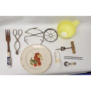 VTG Kitchen Drawer Junk Drawer Lot Cork Screw Tongs Slicer Plate Measurement